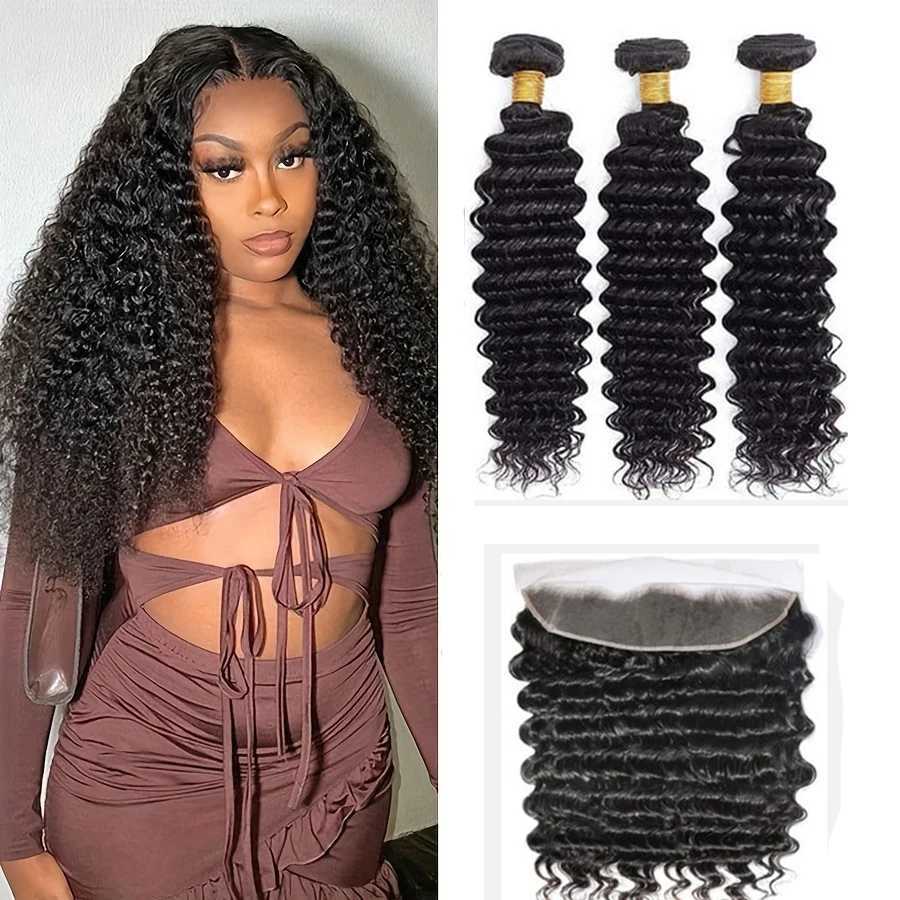 Deep Wave Bundles With Frontal Brazilian Virgin Remy Hair 3/4 Bundles With 13x4 Frontal Natural Color Curly Bundles With FrontalXJ250120