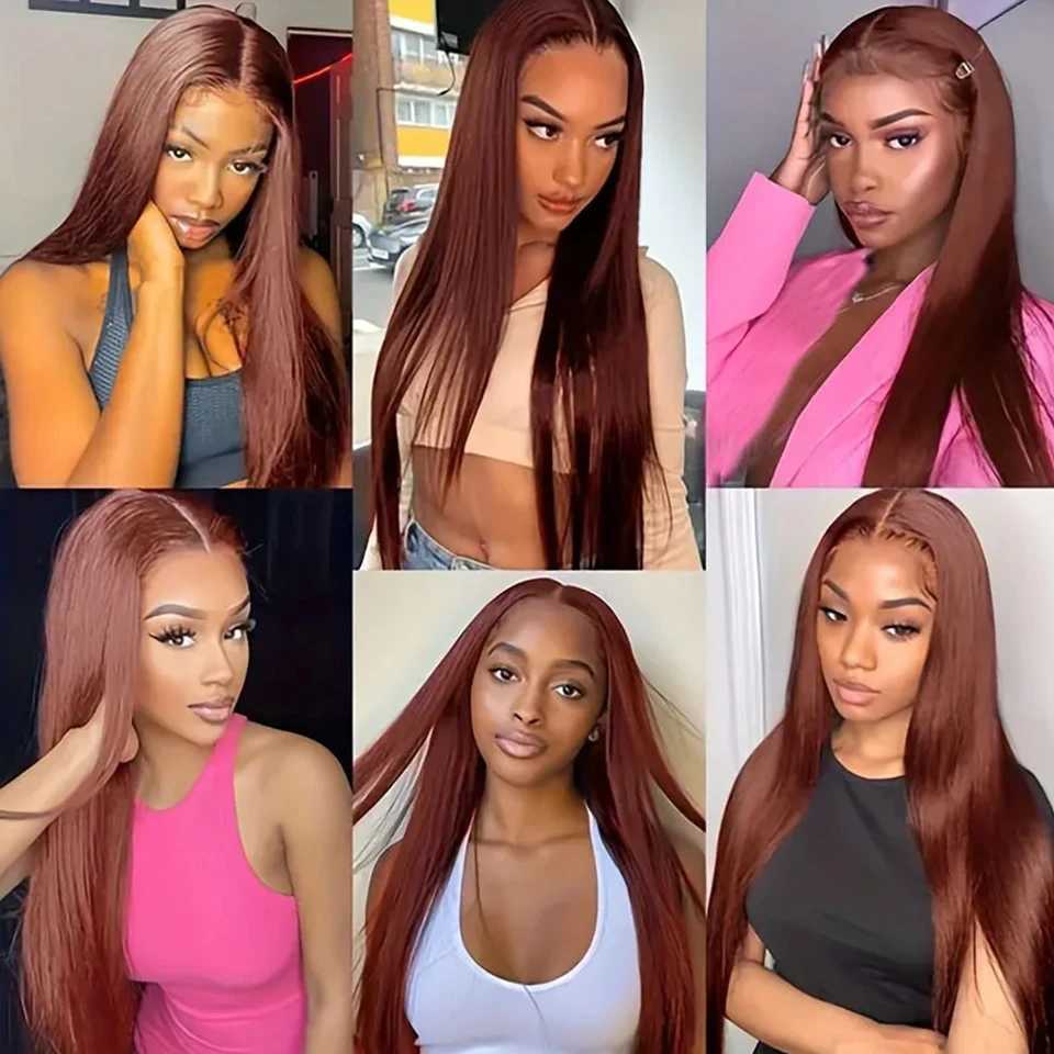 #33 Brown Reddish Straight Hair Bundles With Frontal Brazilian Human Hair Weave Bundles With HD Clo Ombre Colored 3/4 BundleXJ250120