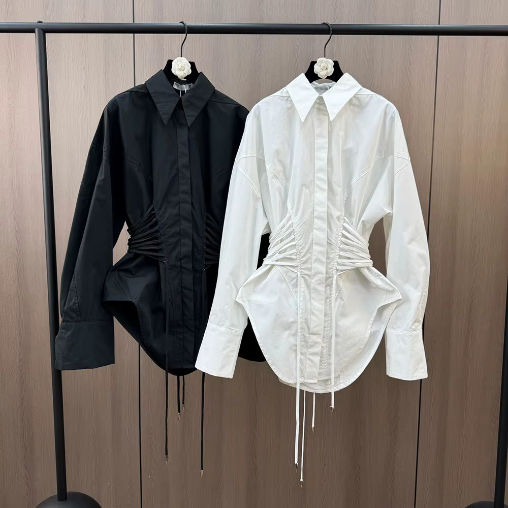 Solid Spliced Lace Up T Shirts For Women Lapel Long Sleeve Patchwork Single Breasted Fashion Top Female Clothing