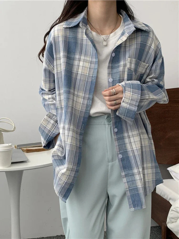 Casual Long Sleeves Autumn Blouse Korean Mid Length Loose Women Winter Plaid Shirt Female Fashion Turn Down Collar Tops 250121