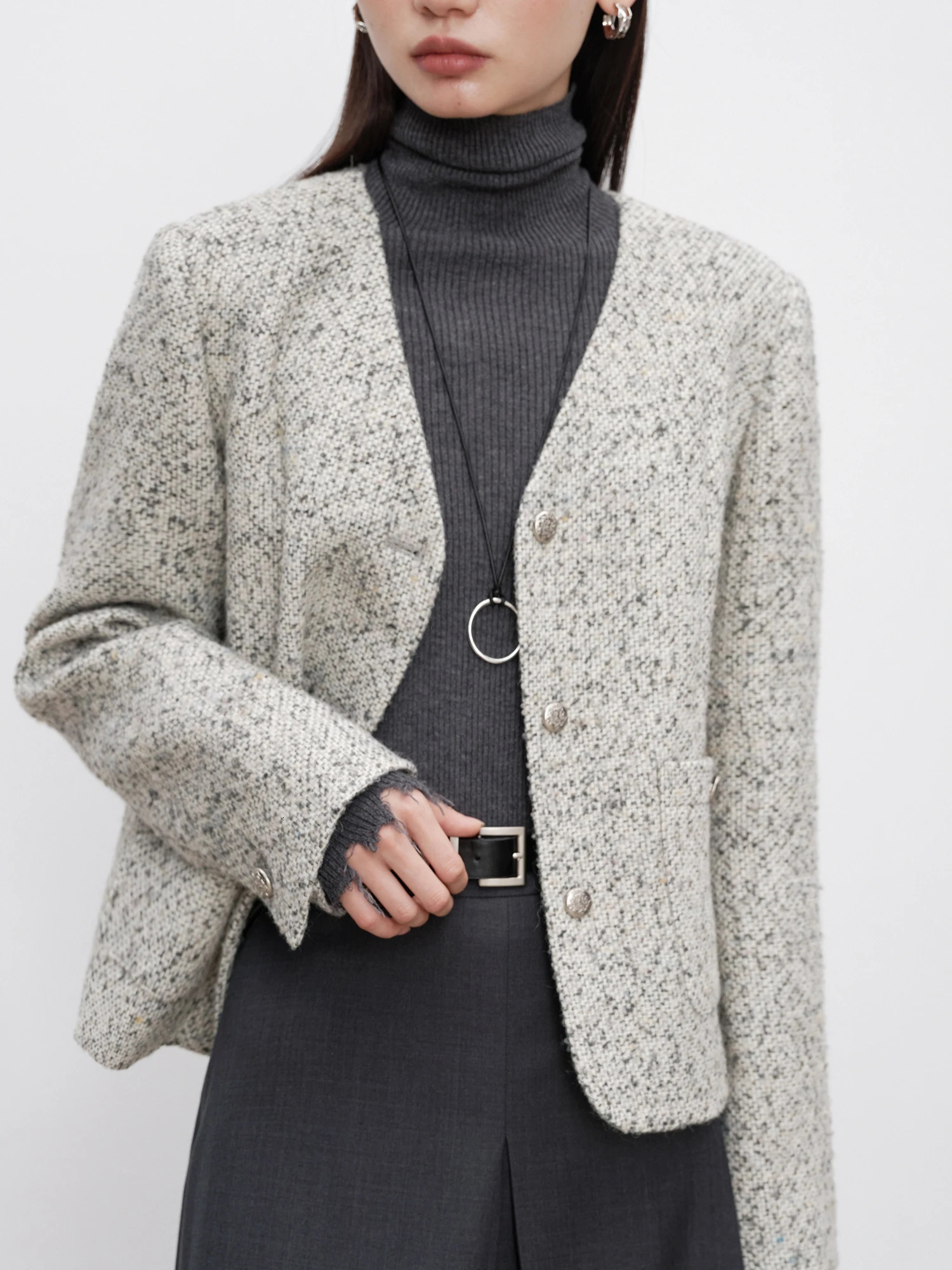 ZIQIAO 146% Wool Women Tweed Jacket Temperament VNeck Female Autumn Short Full Sleeve Single Breasted Coat 24ZQ94201 250122