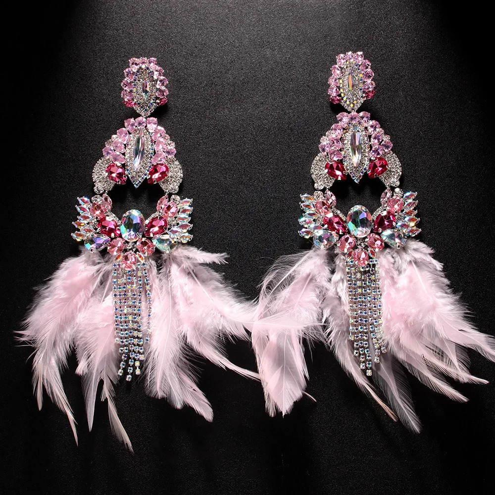 Pink Feather Exaggerate Earrings Tassel Pendant Wedding for Women Boho Jewelry Sparkly Large Rhinestone Earrings 250120