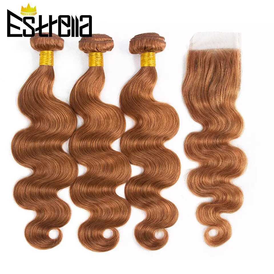 Gold Brown Body Wave Human Hair Bundles with Clo Brazilian Color 30 Remy Human Hair Bundles with 4x4 Lace Clo Free PartXJ250120