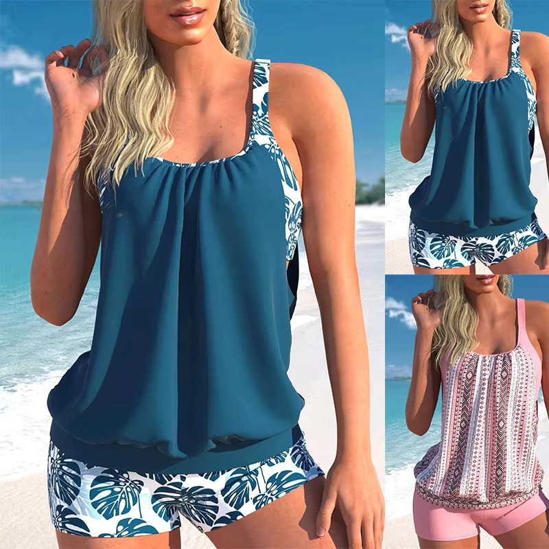 Women's Solid Color Ladies Tankini Swimwear Hanging Neck Swimsuit Two Piece Bikini Set Beachwear S-6Xl