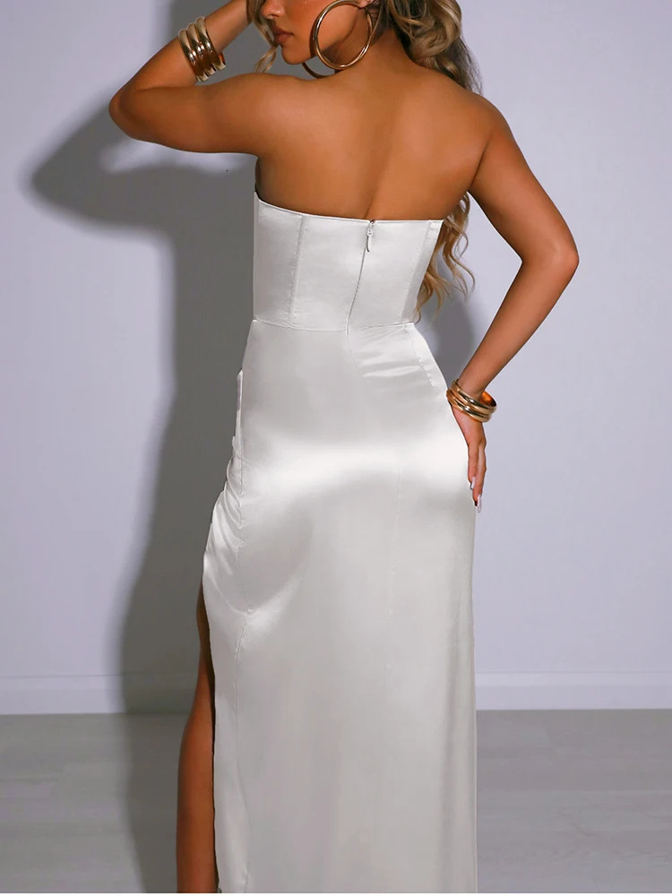Asia Satin Dress White Ladies Sexy Dress Backless Push Up Boned Dresses Elastic High Waist Zip Split Vestidos Birthday Party 250109