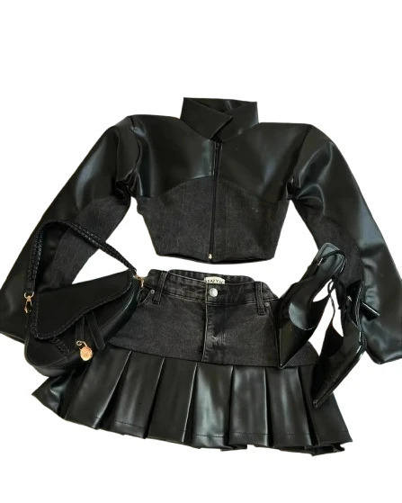 Gothic Two Piece Set Womens Y2K Vintage Denim Leather Patchwork Zipper Long Sleeve Short Jacket Slim Skirt 250122
