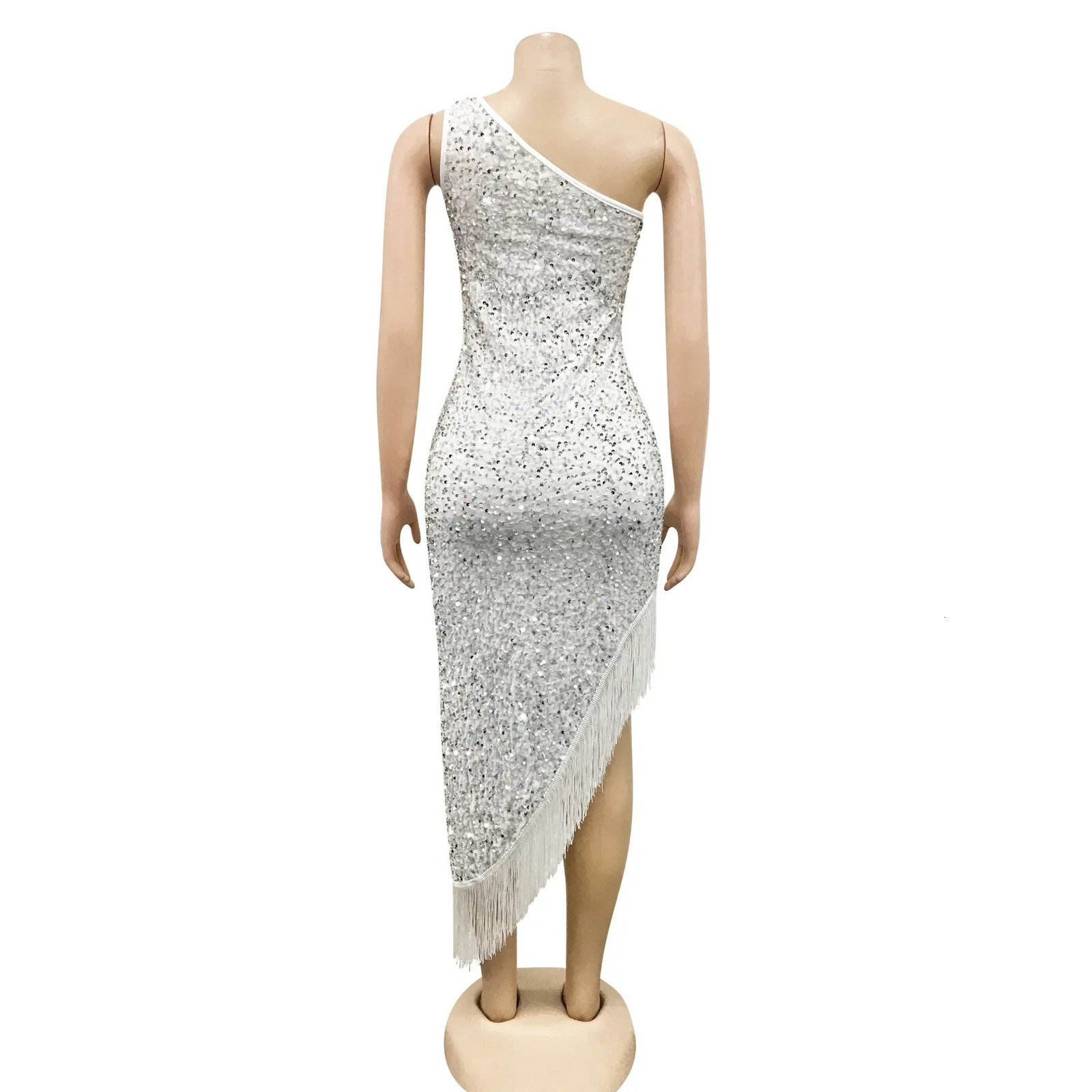 CM.YAYA Women Tassel Side Sequins One Shoulder Skew Neck Bodycon Midi Maix Irregular High Low Long Dress Sexy Night Party 250109