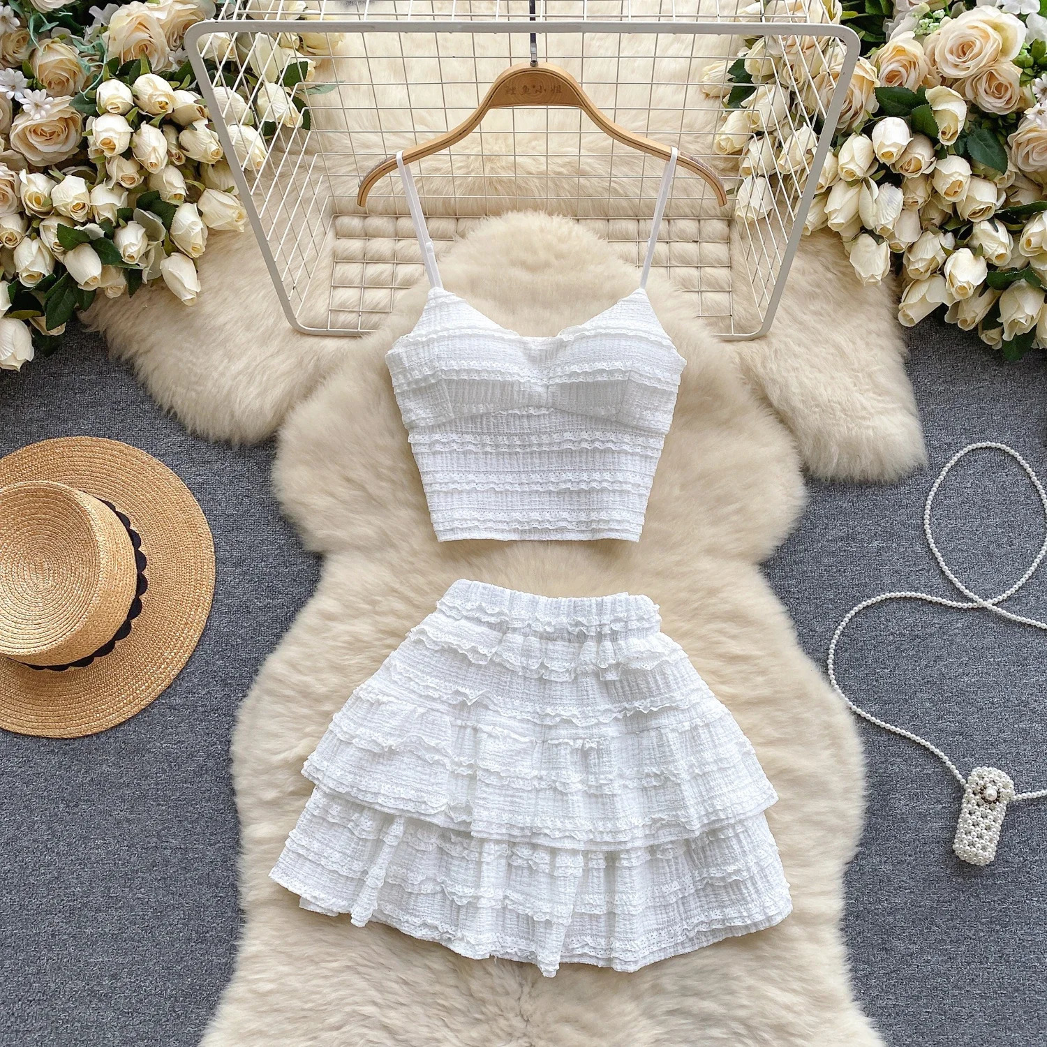 2024 Sweet Ruched Two Pieces Sets V Neck Strap Crop TopsShort Pleated Skirt Women Korean Style Chic Summer Beachwear Suits 250122