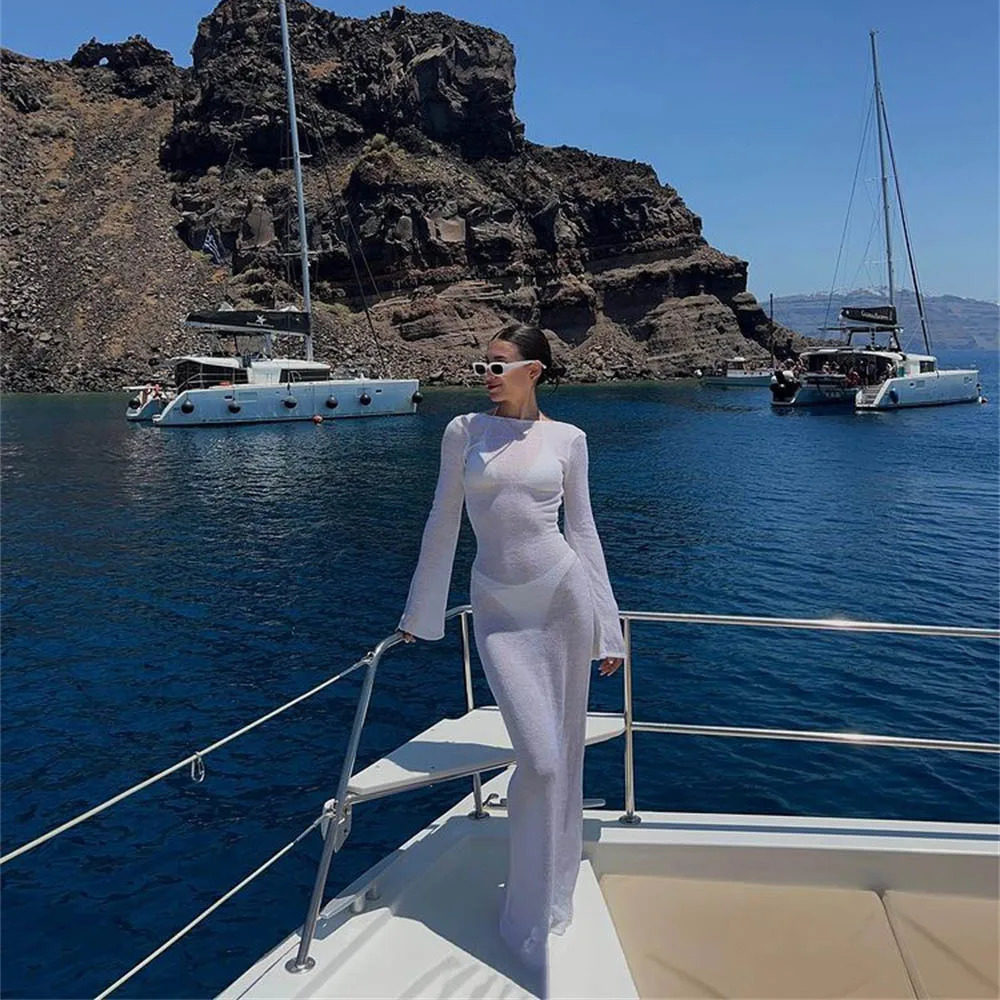 Fashion Women Wrapped Dress Long Sleeve Round Neck See Through Sunscreen Solid Color Backless Beach Long Dress Summer Cover Up 250122