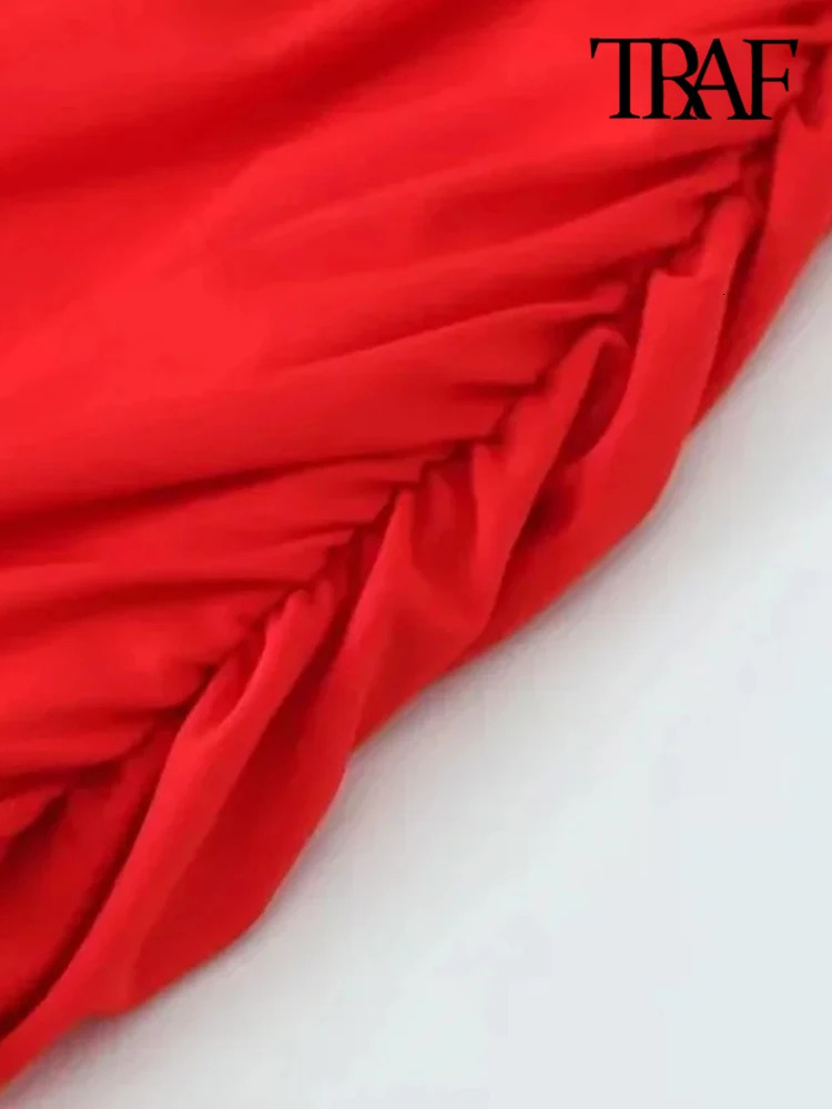 TRAF Women Fashion With Gathered Hollow Out Midi Dress Sexy Asymmetric Neck Thin Straps Female Dresses Vestidos Mujer 250121