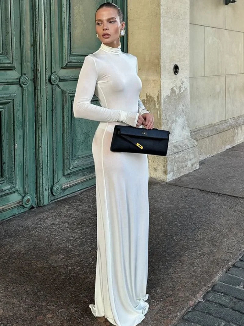 Woman Clothing Turtleneck Long Maxi Dress Streetwear 2024 Autumn Female Long Sleeve Bodycon Solid White Evening Party Dresses 250122