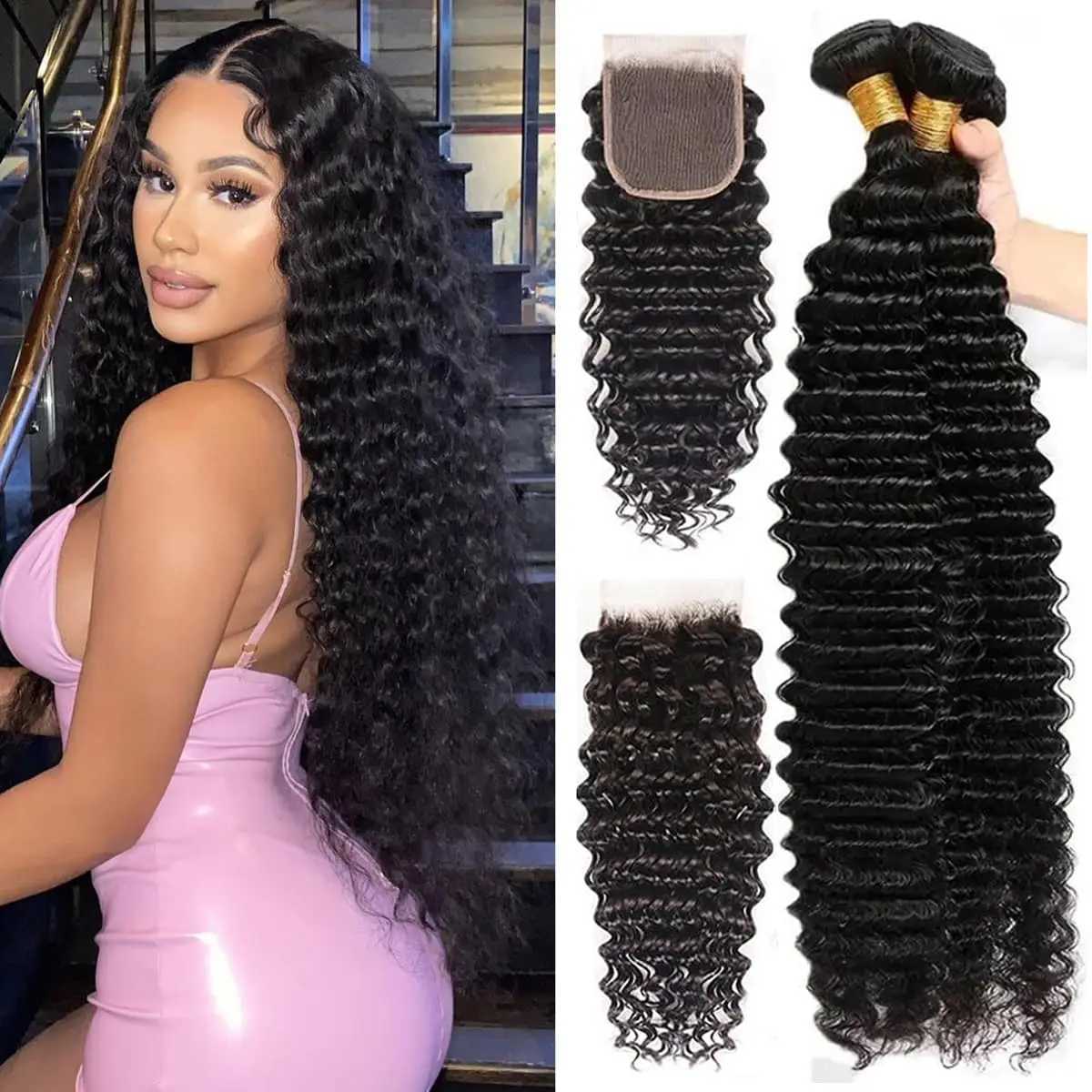 Deep Wave Human Hair Bundles With Clo 100% Unprocessed Brazilian Virgin Human Hair Weave 3 Bundles With 4x4 HD Lace CloXJ250120