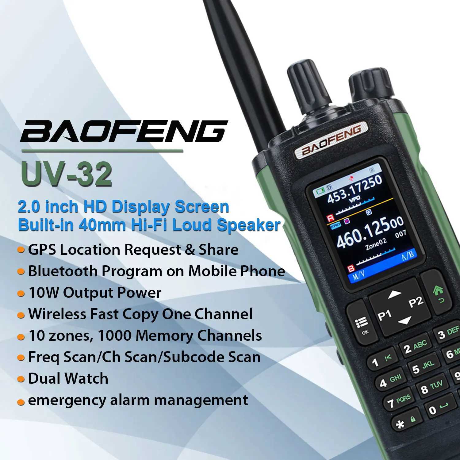 Baofeng UV-32 Multi-band 10W GPS wireless connections App Program FM Air Band Walkie Talkie 2.0 HD Display 2200mAh USB-C Charging Battery X250129