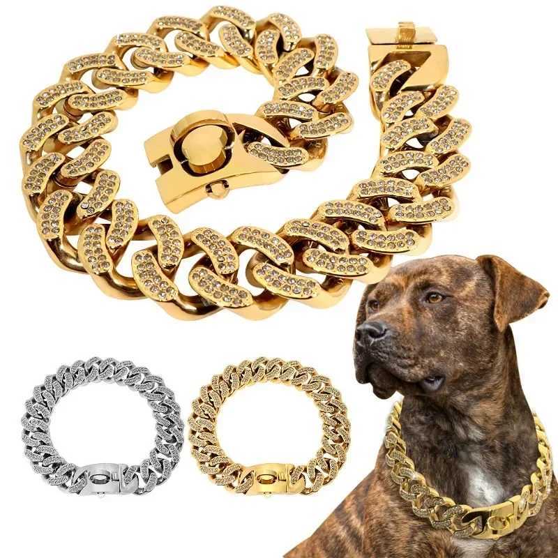 New 32mm Dog Collar Chain Diamond Inlay Sparkle Bulldog Necklace Cat Collars Pet Accessories Small Medium Large Dogs Golden X250129