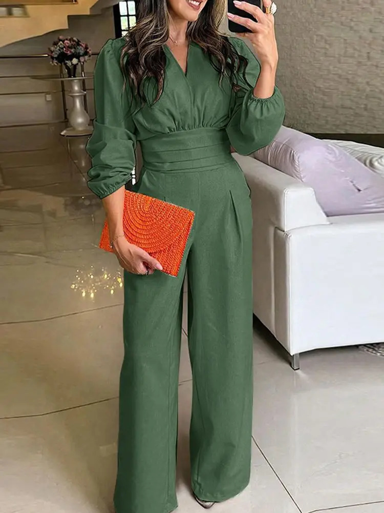 VONDA Women Autumn Romper Fashion Vintage Solid Color Long Sleeve V-neck Wide Leg Jumpsuits Lantern Sleeve High Waist Playsuits 250114