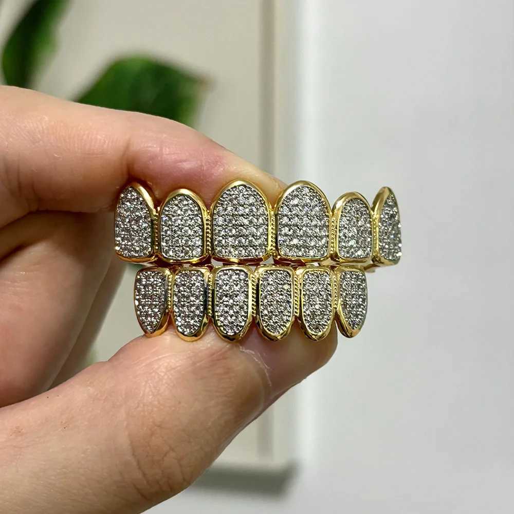 RACHELZ Hip Hop Full CZ Stone Teeth Grillz Gold Silver Color Cubic Zircon Tooth Caps For Women Men Jewelry Halloween GiftXJ250114