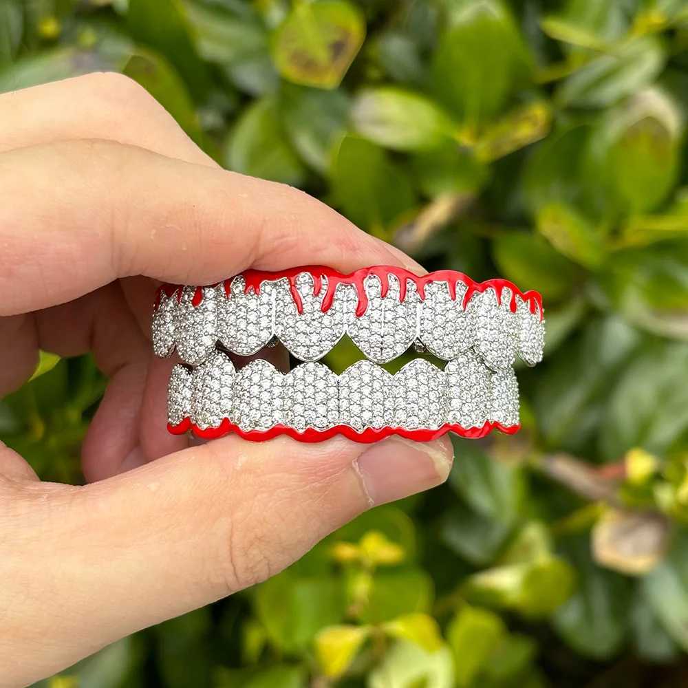 RACHELZ Fashion 8/8 Red Flame Shiny Zircon Teeth Grillz Hip Hop Full CZ Stone Tooth Caps For Women Men Body Jewelry GiftXJ250114