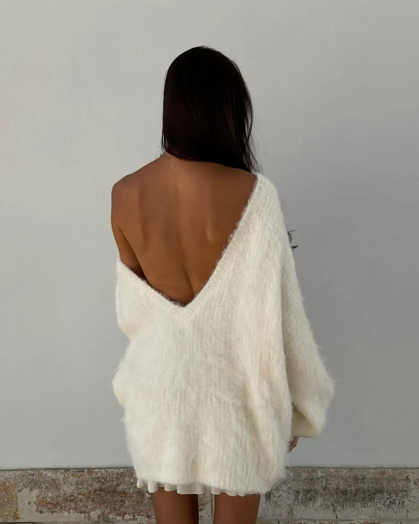 Female Street Pullover Sweater Women Sexy Mohair Pink Backless Sweater Elegant O-neck Long Lantern Sleeves Loose Knitwear 250118