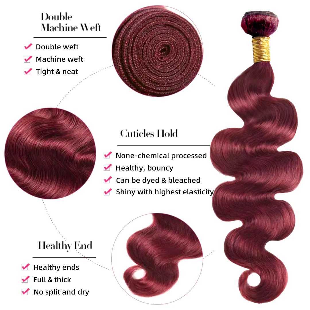 99J Body Wave Bundle with Frontal Human Hair 3 Bundle With 13x4 Lace Frontal Clo Body Wave Dark Burgundy Bundle with FrontalXJ250120