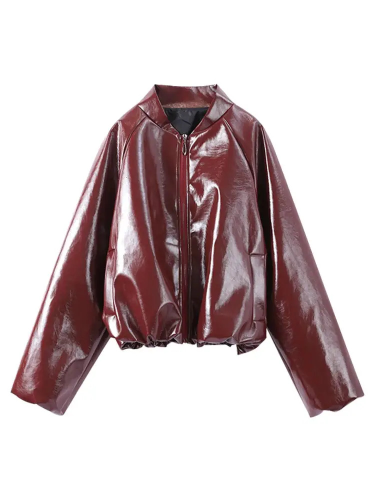 Burgundy Leather Bomber Jacket Women Loose Lapel Zipper Pocket Cropped Short Coats Autumn Lady Y2k Streetwear 250122