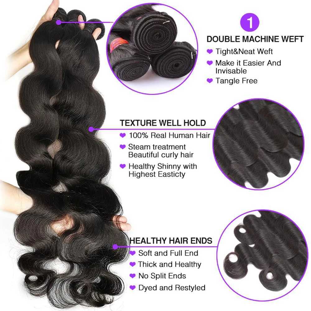 Brazilian Virgin Raw Human Hair Bundles With 4x4 Clo Body Wave 13x4 Frontal Transparent Lace Hair Bundle 3/4 ExtensionsXJ250120