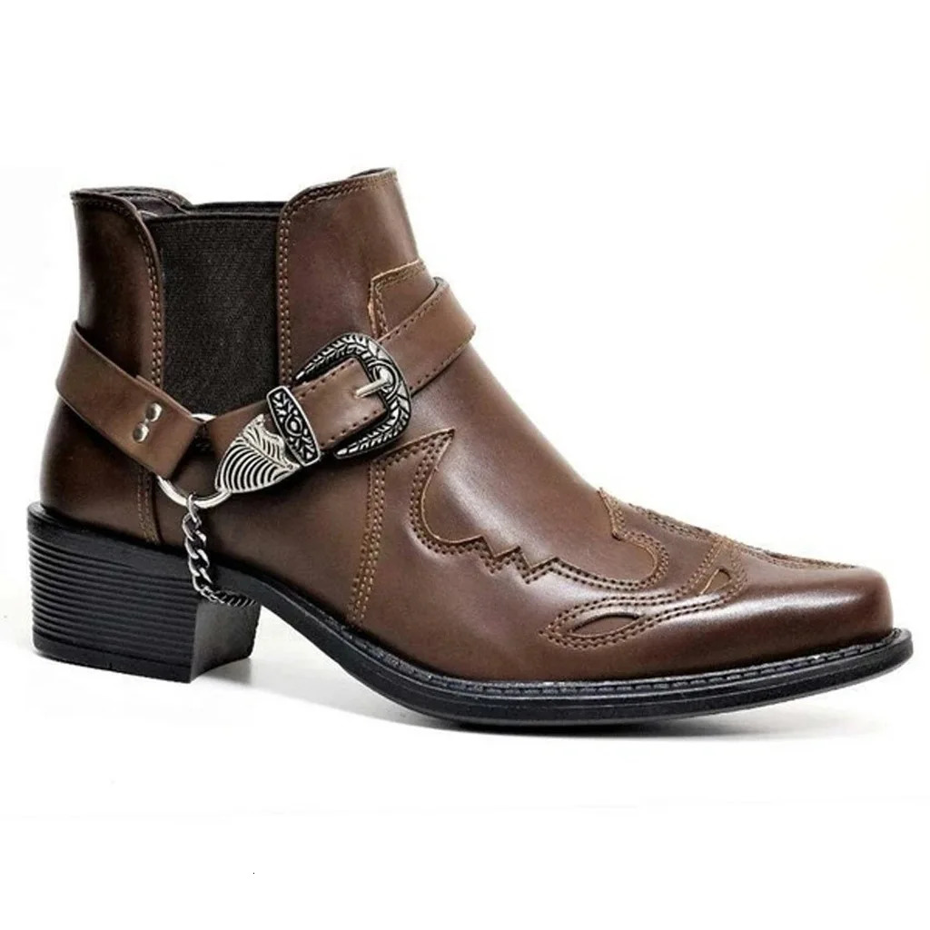 Mens Vintage Cowboy Boots Leather Buckle Strap Punk ankle boots Pointed Toe Motorcycle Boots buty do kostki sepatu pria M812 250120