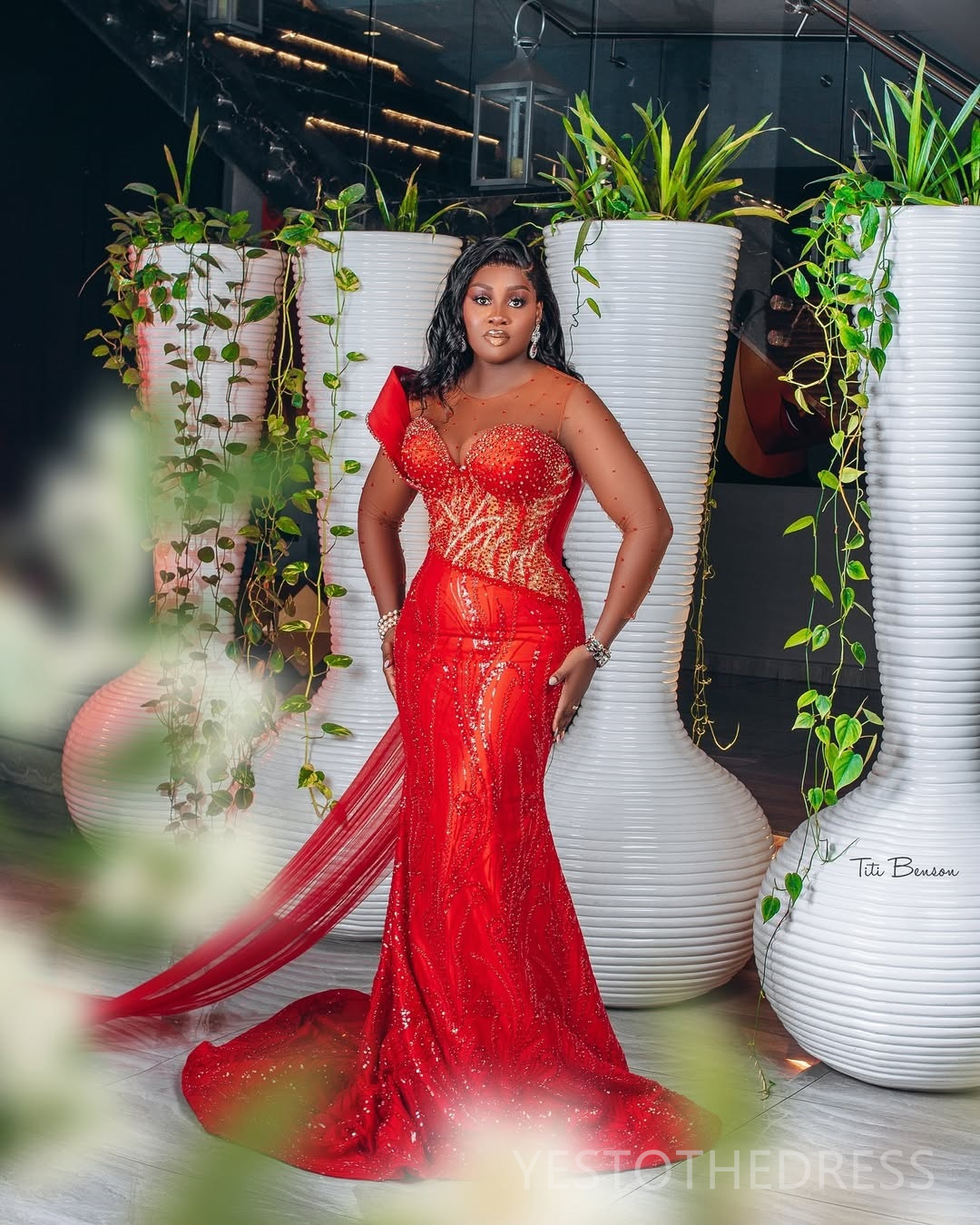 2025 Plus Size Red Aso Ebi Prom Dresses Mermaid Evening Gowns For Black Women Sheer Neck Long Sleeves Beaded Lace Birthday Party Dress Second Receptio