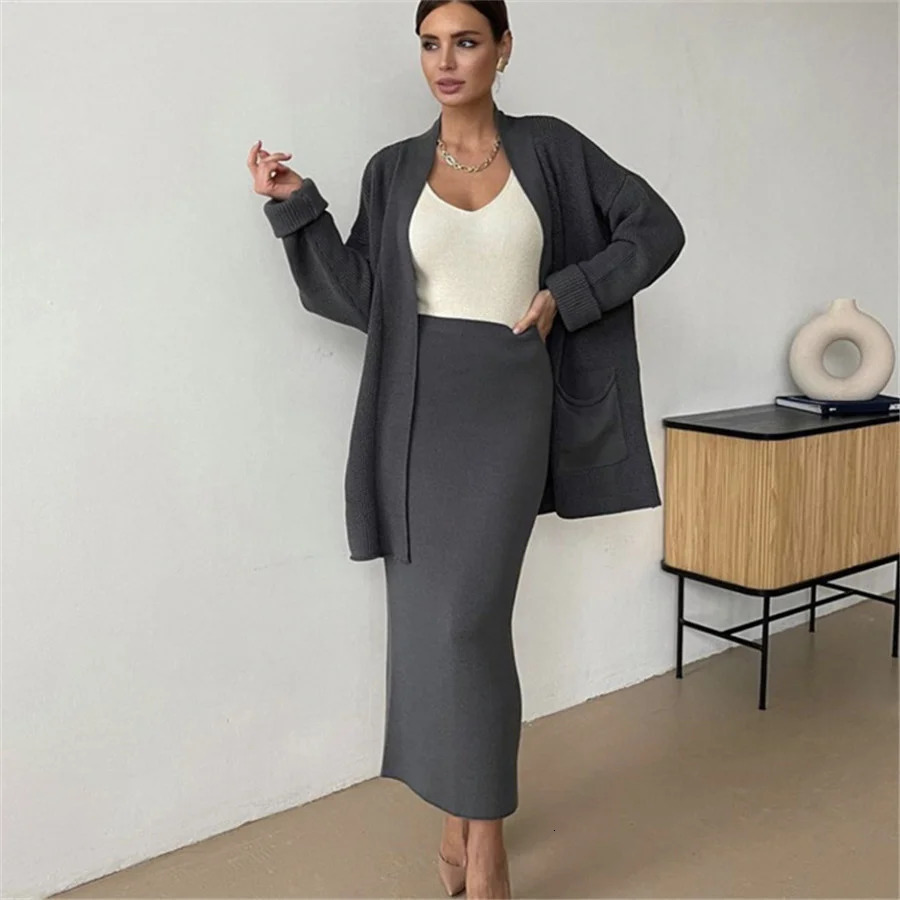 Women Knitted Two Piece Skirt Set Cardigan CoatElastic Waist Bodycon Skirt Solid Color Office Suits Female Autumn Streetwear 250121