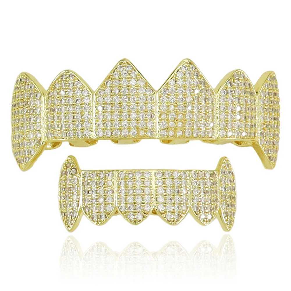 Hip Hop Iced Out CZ Stones Teeth Grillz Caps Cubic Zircon Micro Pave Top Bottom Charm Grills Set For Men Women Jewelry GiftXJ250114