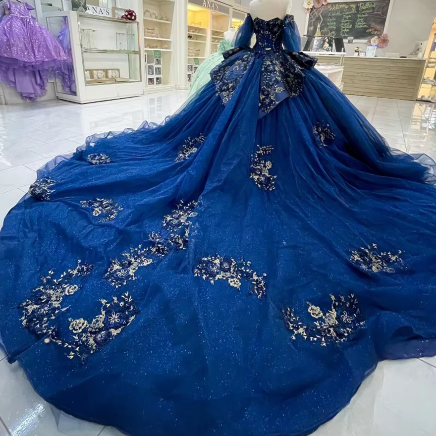 Customized Navy Blue Quinceanera Dress Ball Gown Lace Applique Beading Detachable Sleeve Sweet 16 Vestidos 15 Anos