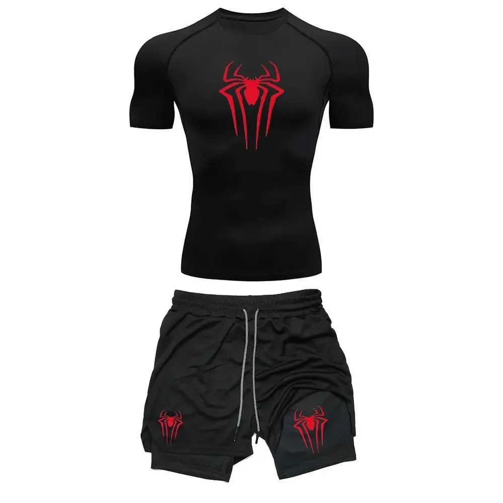 Mens sports compression set Y2K spider print gym T-shirt breathable running shorts quick drying sports protection Rush sportswear set X250129