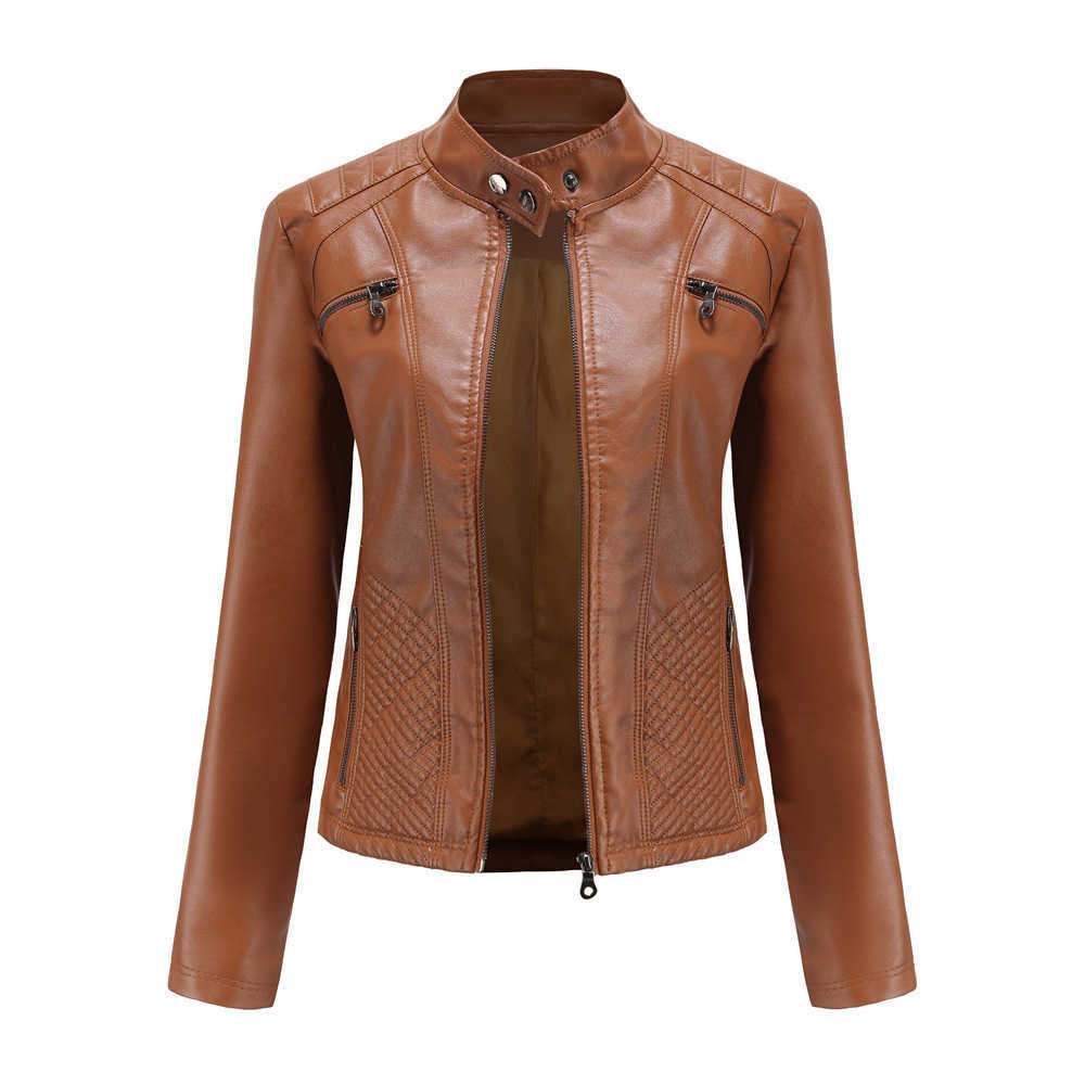 New Womens Casual Leather Jacket Stand Collar Jacket Slim Jacket Womens Spring and Autumn Solid Color Womens Leather Jacket Womens Leather Womens Jack
