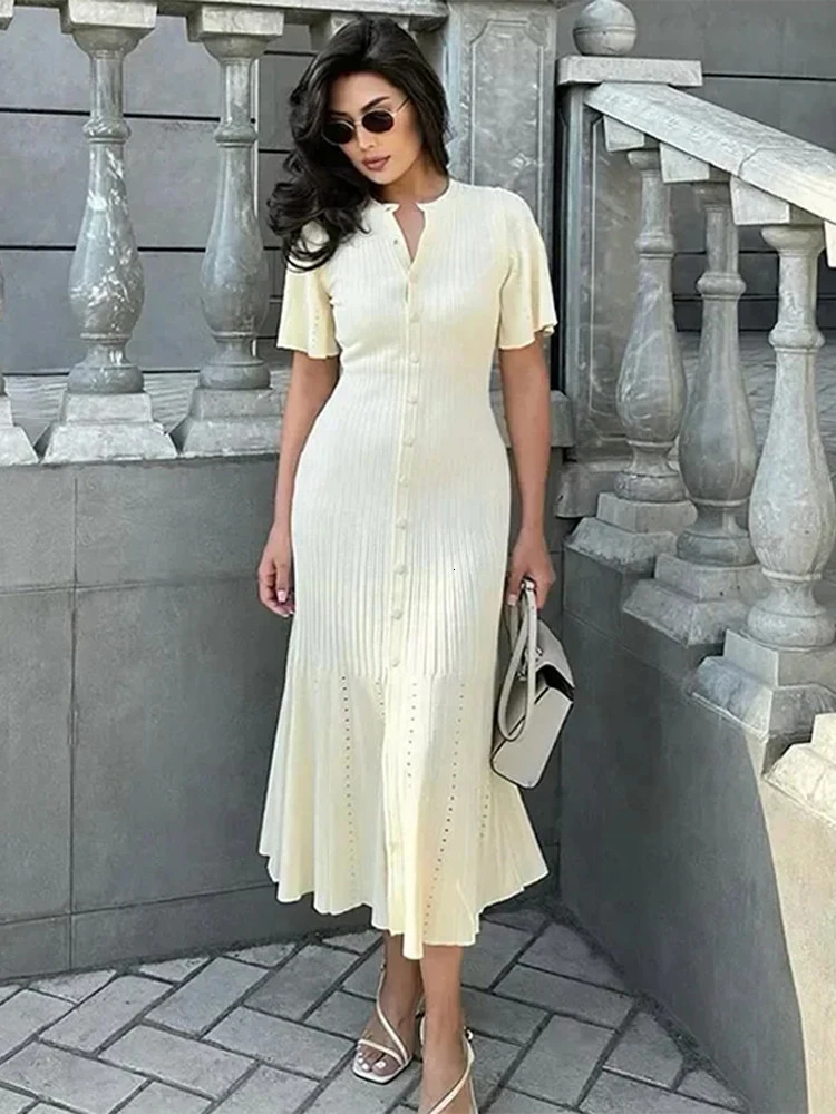 Elegant Bodycon Knitted Dress For Women Chic Patchwork O-neck Short Sleeves Single Breasted Midi Dress Lady Slim Party Vestidos 250122