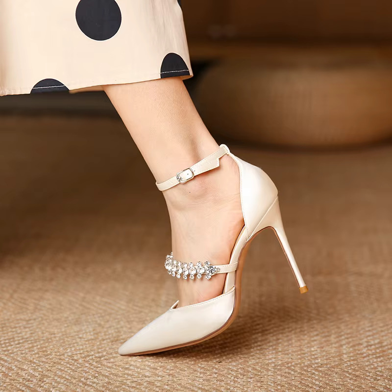 Summer Women's Satin Solid Color Buckle High Heels Fashion Pointed Stiletto Fairy Bow Toe Rhie Banquet Sandals