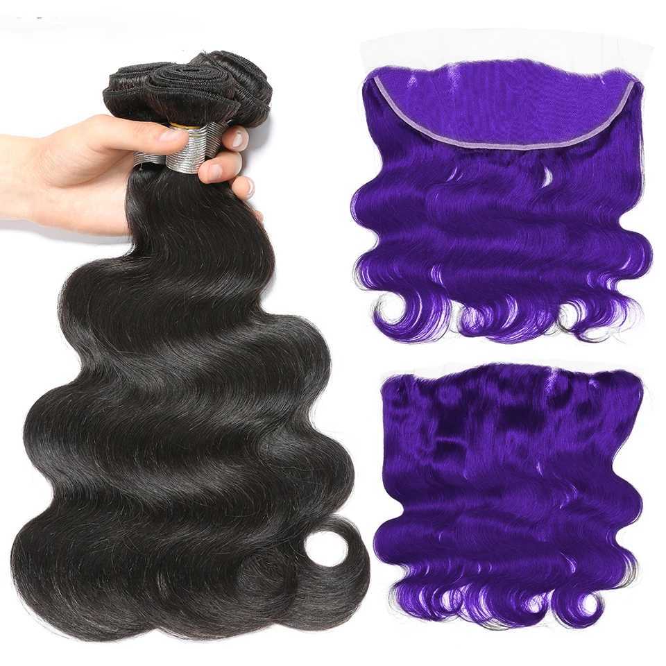Highlight Purple 100% Raw Body Wave Bundles with Clo Frontal Peruvian Body Wave Bundles with Clo 4x4 HD Transparent LaceXJ250120