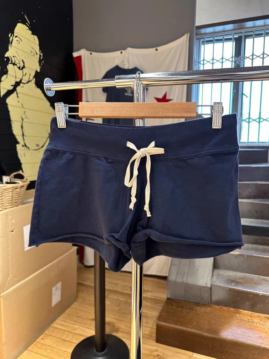 Drawstring Navy Sports Sweatshort Women Summer High Waist Cotton Raw Trim Straight Shorts Vintage Harajuku Streetwear Short Pant 250118