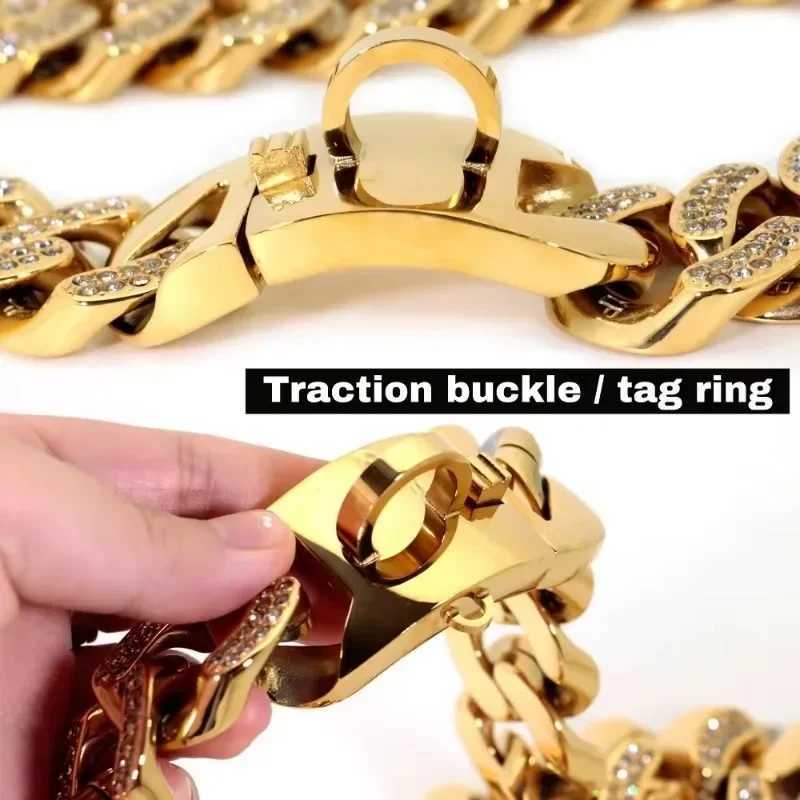 New 32mm Dog Collar Chain Diamond Inlay Sparkle Bulldog Necklace Cat Collars Pet Accessories Small Medium Large Dogs Golden X250129