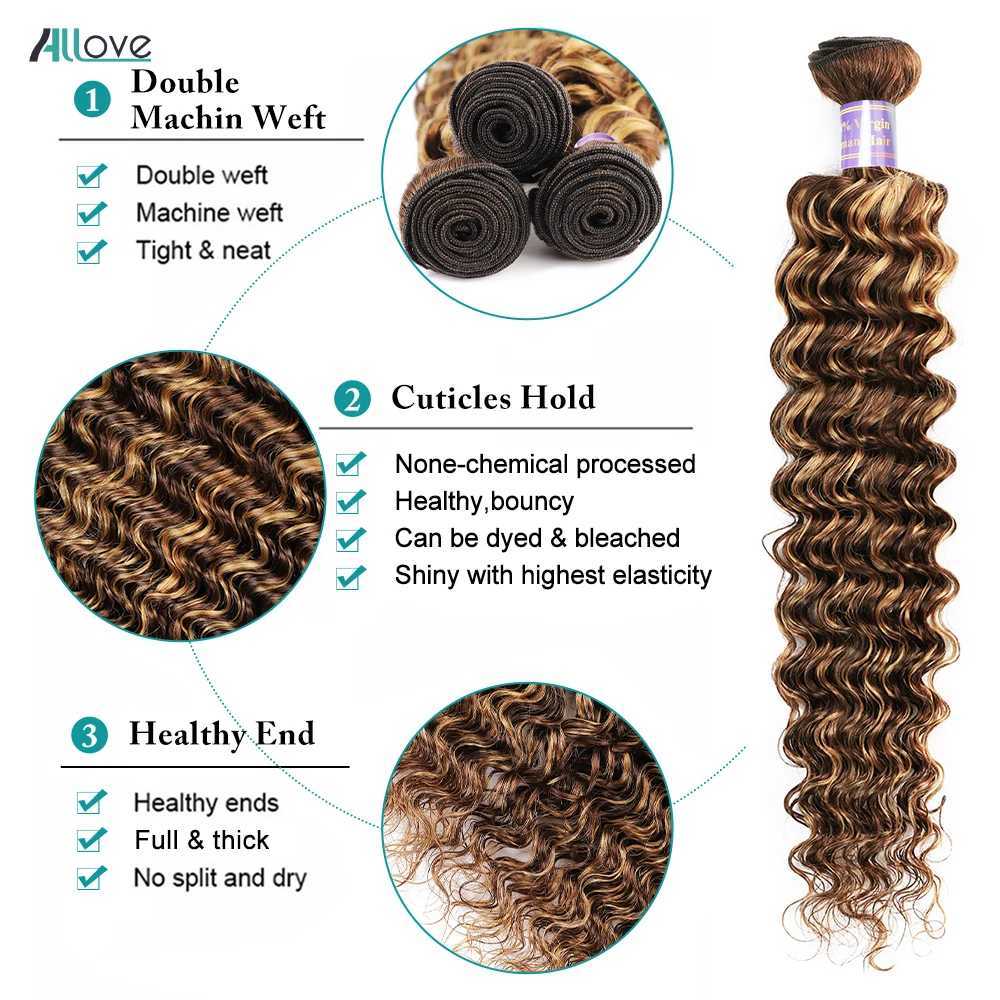 Allove Highlight Bundles With Clo Deep Wave Human Hair Bundles With 4x4 Transparent Lace Clo Ombre Honey Brown Remy HairXJ250120