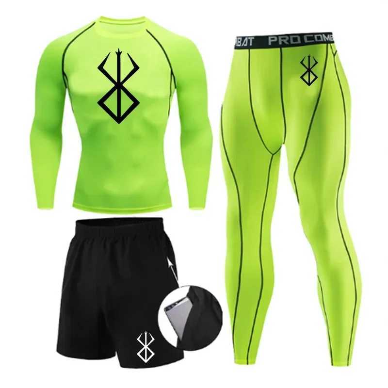 Anime Berserk Print Athletic Compression Sets for Men Gym Workout 3 Pieces Fitness Suits Rash Guard Undershirt Tops Pants Shorts X250129