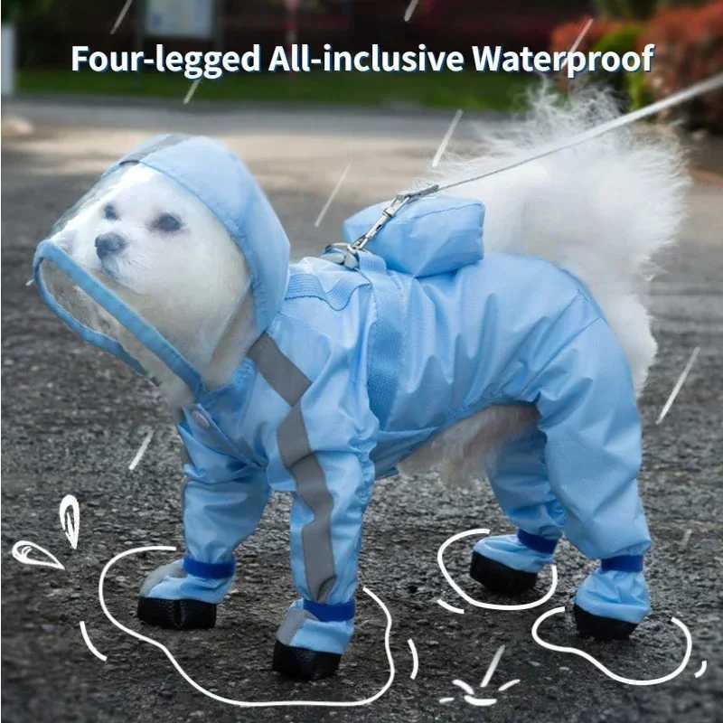 Pet Dog Raincoat Hooded Jumpsuit Four-legged All-inclusive Waterproof Outdoor Dog Costume Reflective Rain Poncho Pet ClothesXJ250121