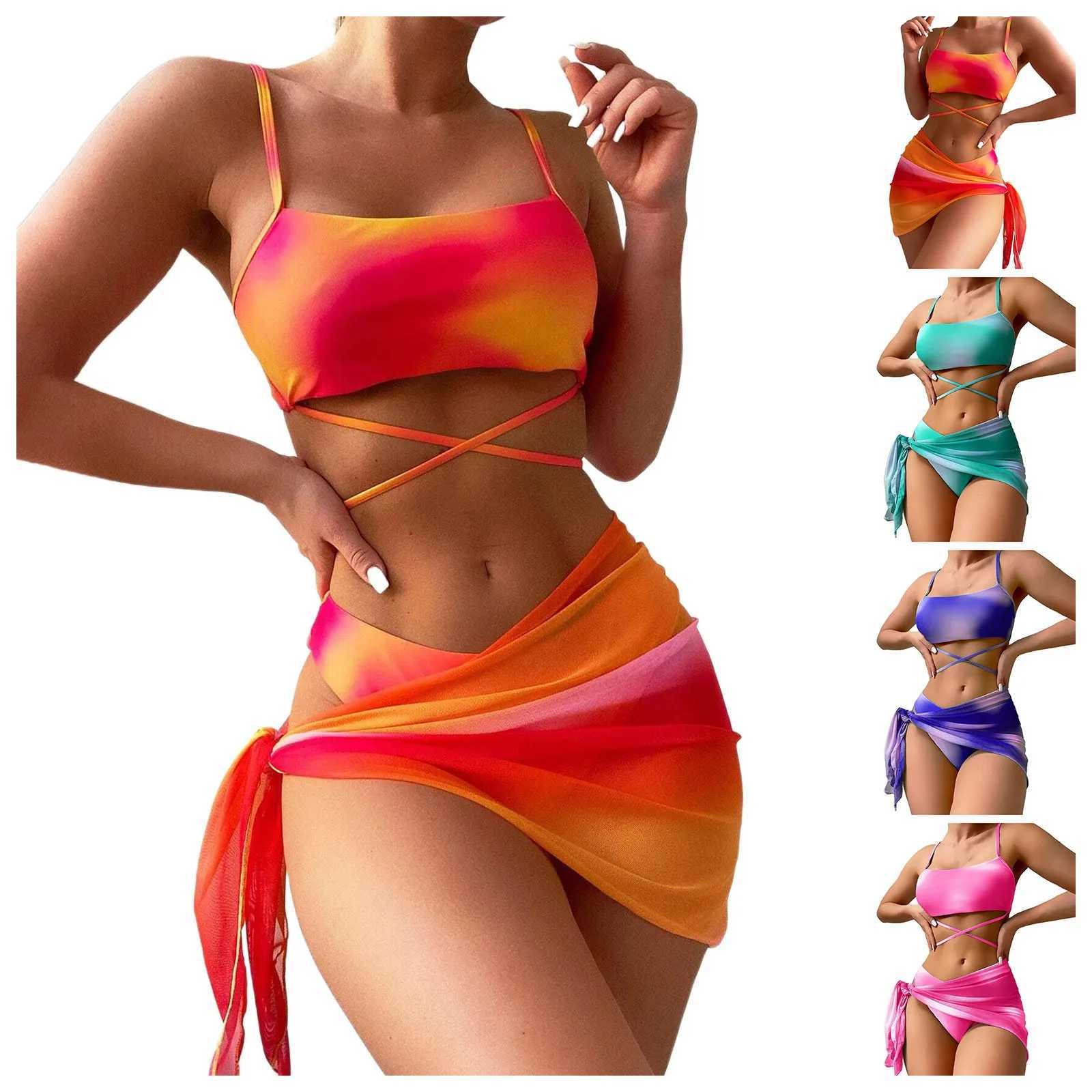 Summer Beach Bikini Set Top Bottom Cover Up Skirt 2 Piece Lace Up Strap Bathing Suit Holiday Cover Up Swimsuit 2024 TrendXJ250120