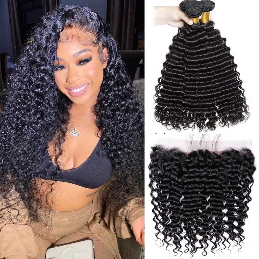 Deep Wave Human Hair Bundles with Clo 100% Unprocessed Virgin Human Hair 3 Bundles With Transparent Lace Frontal Natural 1BXJ250120