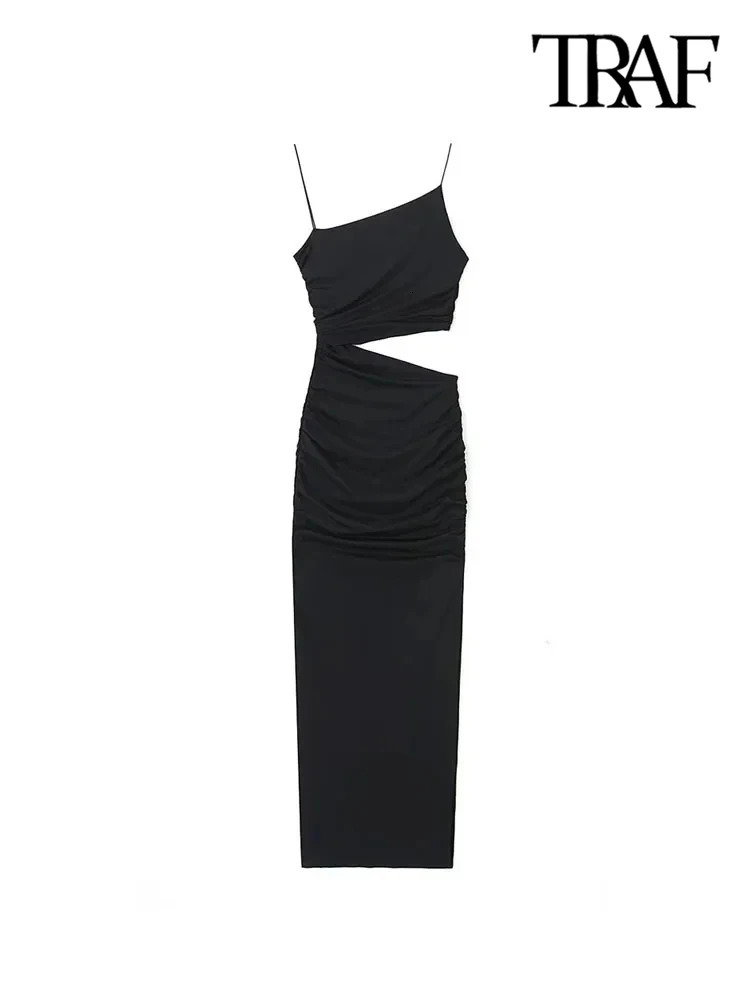 TRAF Women Fashion With Gathered Hollow Out Midi Dress Sexy Asymmetric Neck Thin Straps Female Dresses Vestidos Mujer 250121