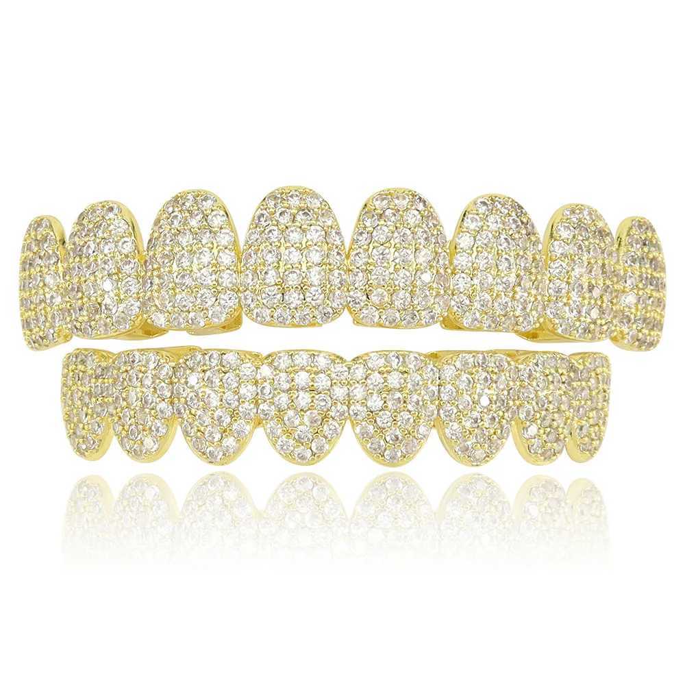 Hip Hop Full Iced Out CZ Stones Teeth Grillz Caps Cubic Zircon Top Bottom Charm Grills Set For Men Women Jewelry GiftXJ250114