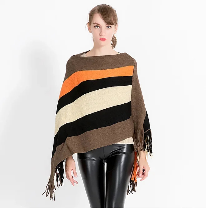 Autumn Winter Knitted Pullover Cloak Shawl Womens Fashion Stripe European American Womens Scarf Girl Outdoor Pink 250121