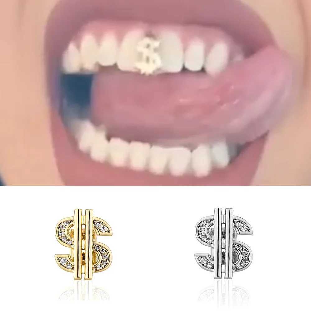 RACHELZ Hip Hop Iced Out CZ Stone Dollar Teeth Grillz Gold Silver Color Zircon Tooth Caps Braces Women Men Punk JewelryXJ250114