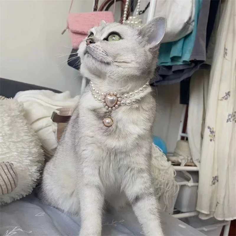 Pearl Dog Necklace Cute Cat Dog Collar Fancy Puppy Collar with Heart Jewerly Adjustable Kitty Necklace for Wedding Birthday X250129