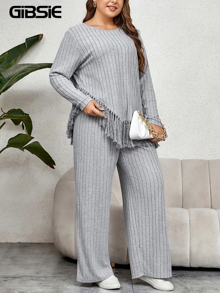 GIBSIE Plus Size Women Home Style Two Piece Outfit Fall Casual ONeck Long Sleeve Tassel Hem Tops with Wide Leg Pants Sets 250122
