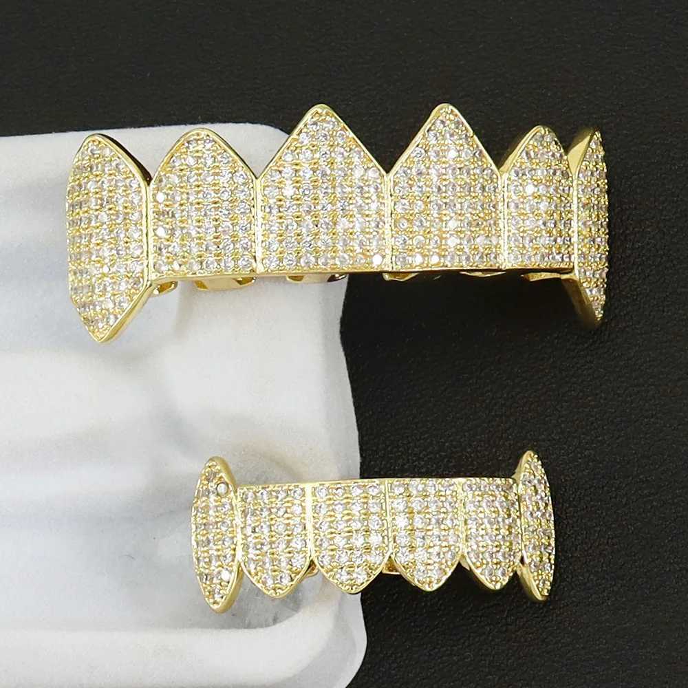 Hip Hop Iced Out CZ Stones Teeth Grillz Caps Cubic Zircon Micro Pave Top Bottom Charm Grills Set For Men Women Jewelry GiftXJ250114