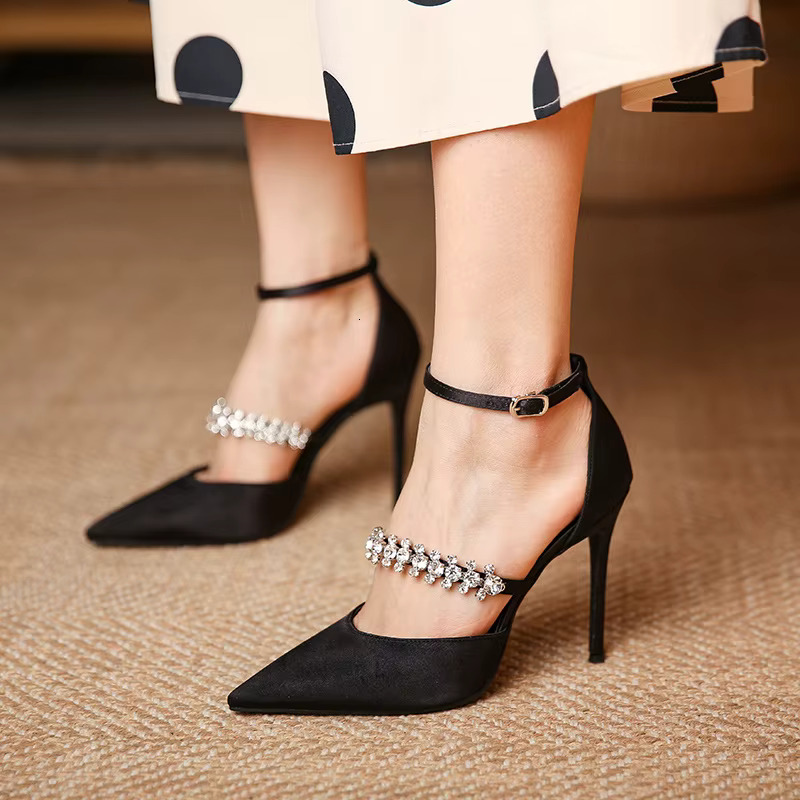 Summer Women's Satin Solid Color Buckle High Heels Fashion Pointed Stiletto Fairy Bow Toe Rhie Banquet Sandals